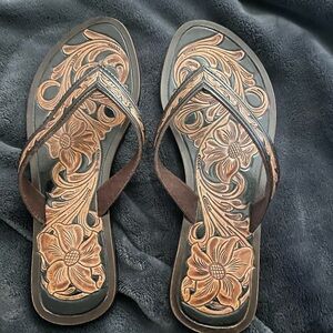 Floral Embossed Brown Sandals